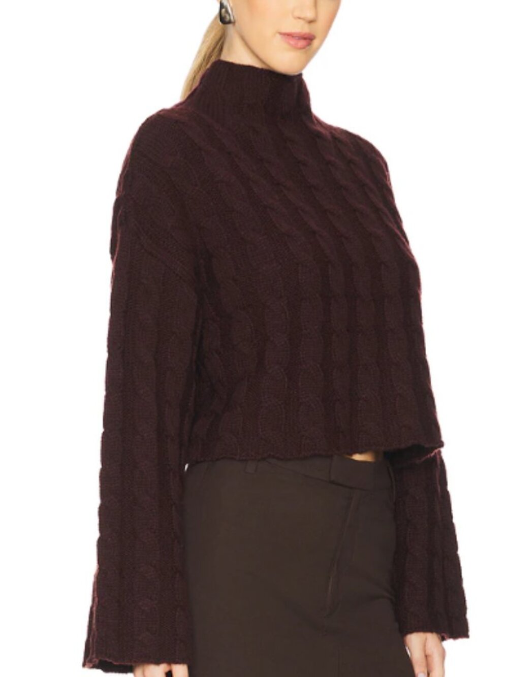 ASTR the Label Sloan Cropped Cable Knit Sweater Wine Mock Neck Size Large